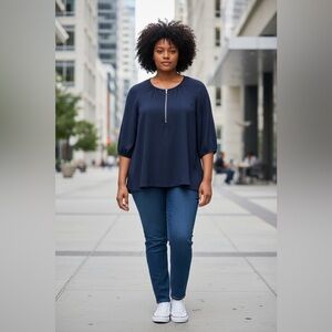 Penningtons, Plus Size Textured Blouse With Zip Detail, 2X, Navy Blue